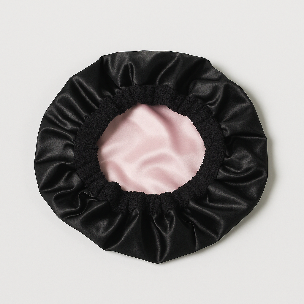 🖤 Bonnet de douche réversible – Noir & Rose pâle